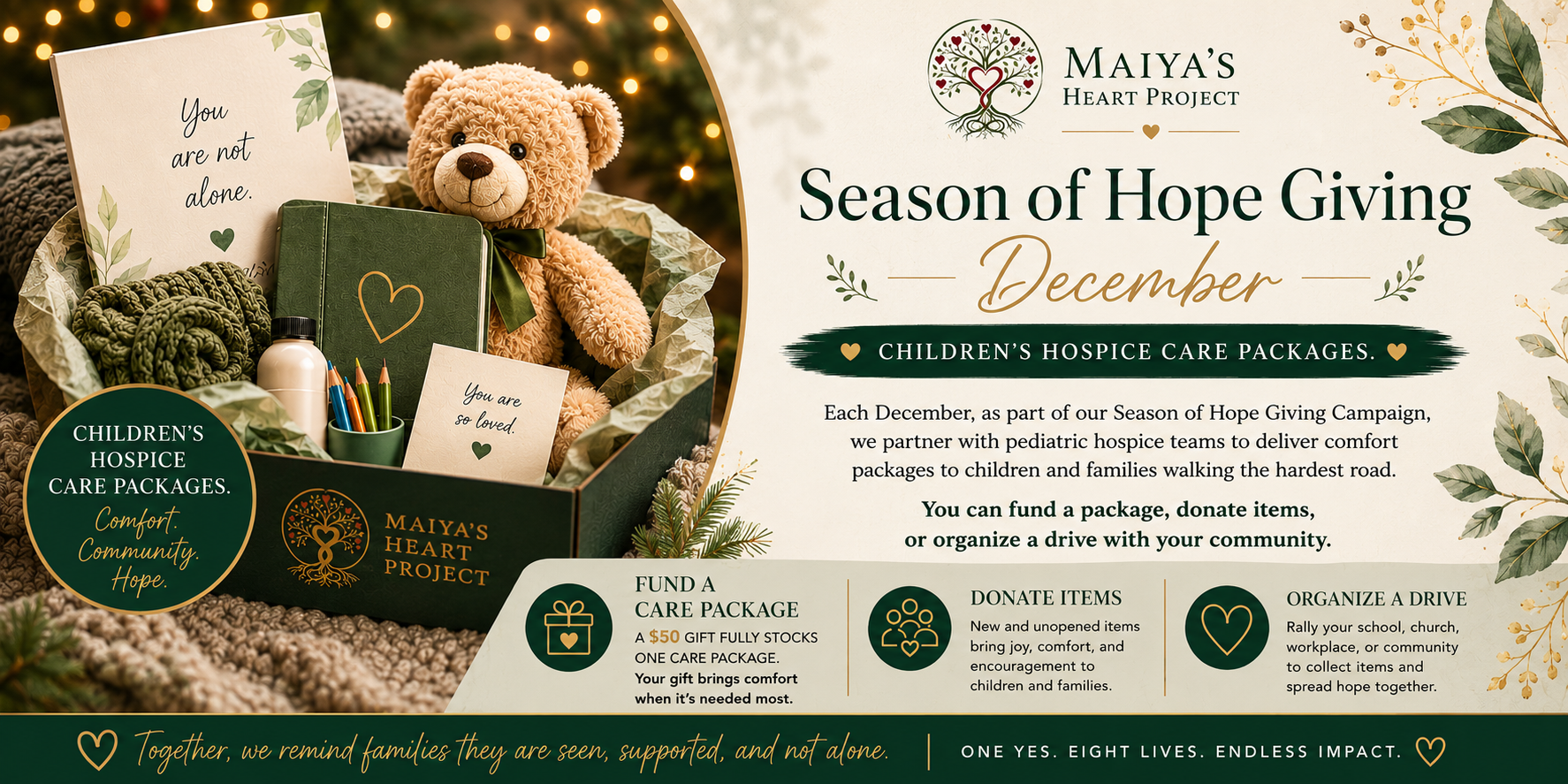 Maiya's Heart Project care package with plush bear, journal, blanket, pencils, and encouragement cards