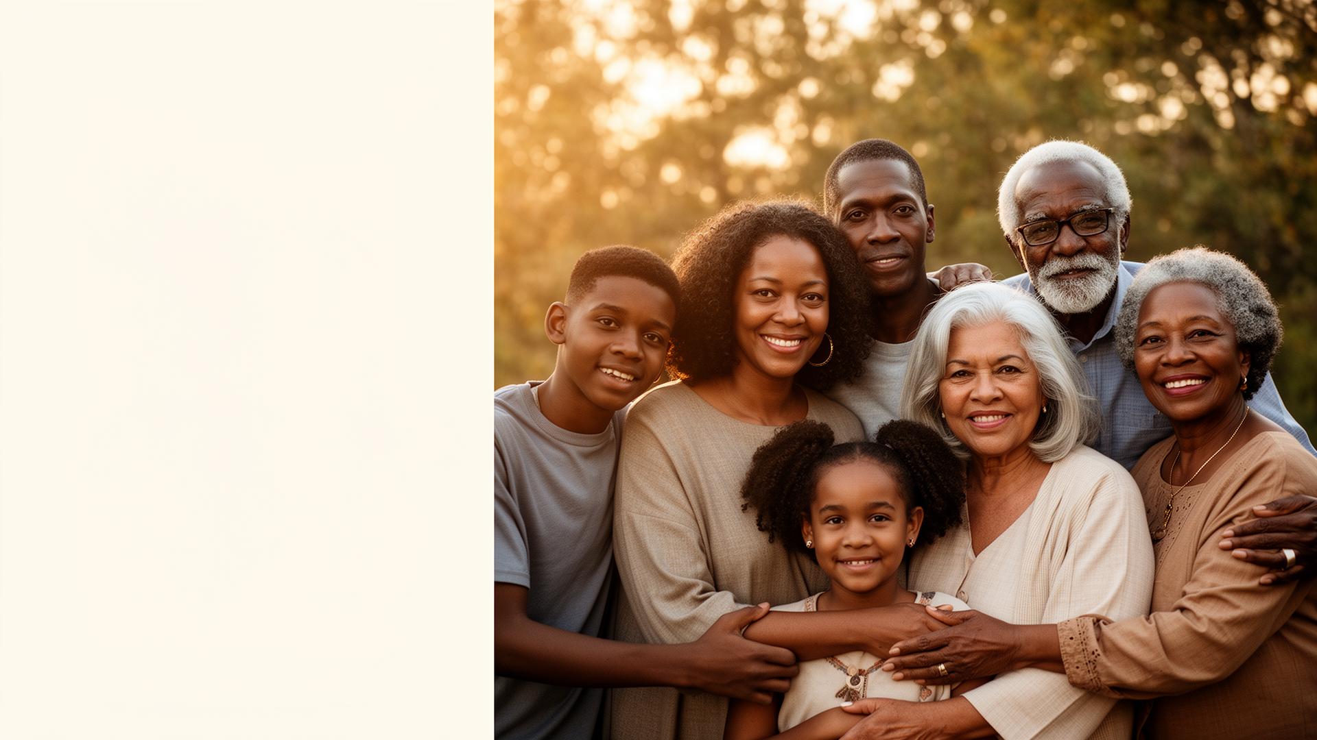 A Black multigenerational family embracing at sunset