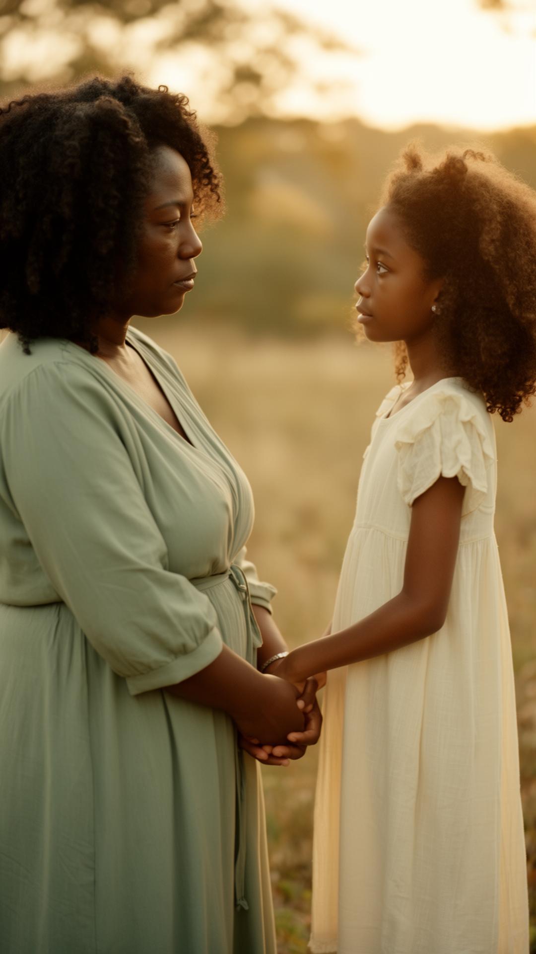 A mother and her daughter holding hands at golden hour